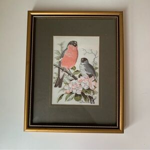 Vintage English Woven Silk Bullfinch Birds & Blossoms Picture Framed & Matted